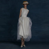 Unique High Neck Polka Dot Wedding Dress with Irregular Hemline - DollyGown
